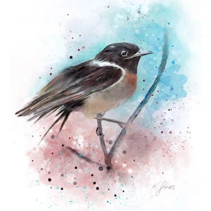 May include: Watercolor painting of a small bird perched on a branch. The bird has a black head, brown wings, and a white chest. The background features blue and pink watercolor splashes and splatters. Signed "K. Jones" in the bottom right corner.