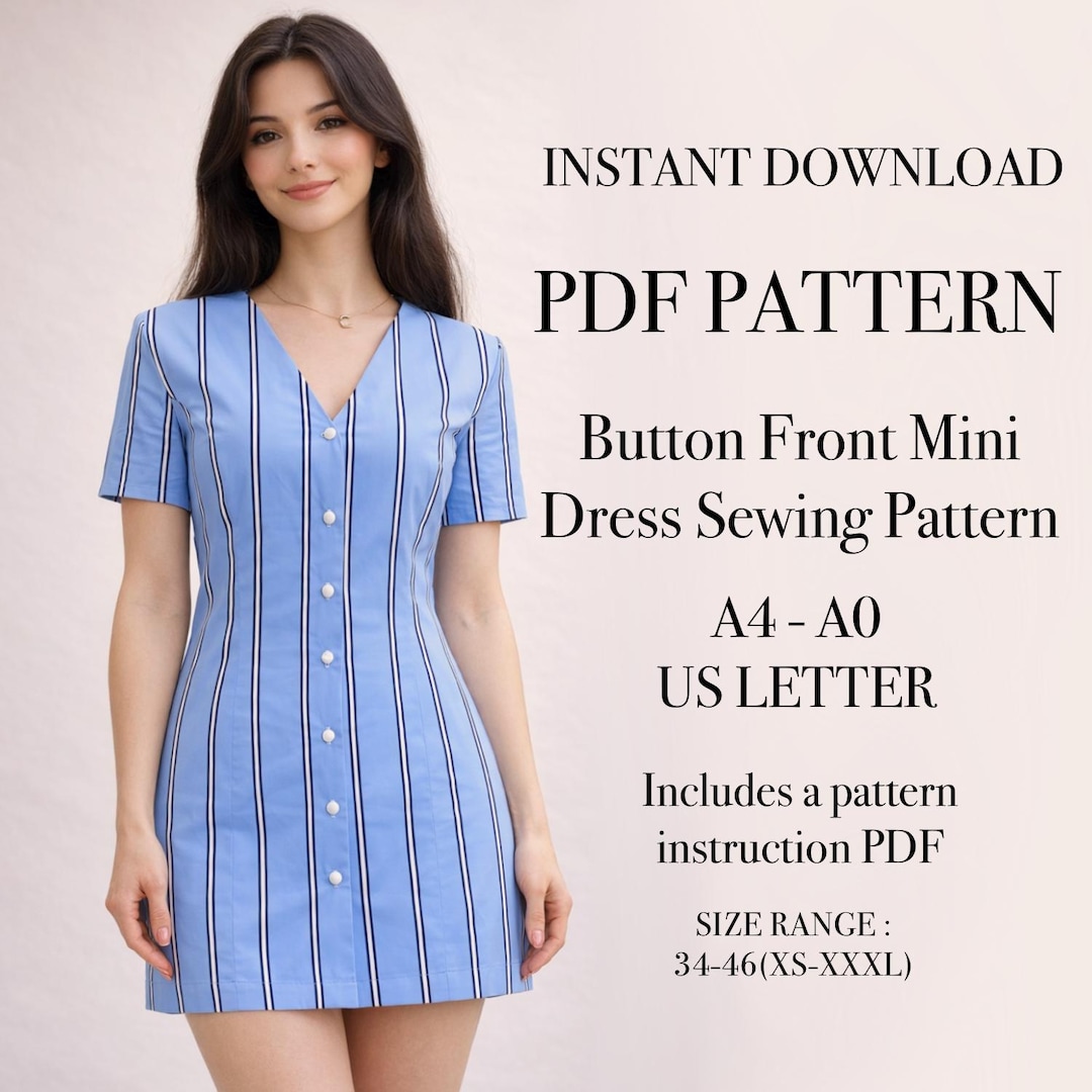 Button Front Mini Dress Sewing Pattern PDF | Women Dress Pattern ...