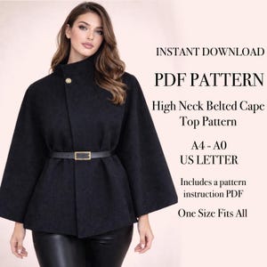 Puede incluir: Patrón PDF de un top capa negro con cuello alto y cinturón. El patrón incluye instrucciones y está disponible en tamaños A4-A0 y US Letter. La capa tiene cuello alto, cinturón y botón decorativo. Talla única.