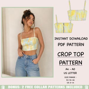 May include: A crop top with thin straps and a yellow and light blue abstract pattern. The image includes a technical drawing of the top with a front zipper and text: INSTANT DOWNLOAD PDF PATTERN CROP TOP PATTERN A4 - A0 US LETTER SIZE RANGE: EU 34-46 US 2-14.