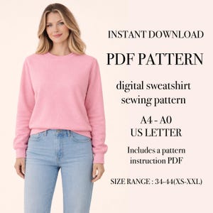 クルーネックスウェットシャツの縫製パターン PDF | レディースベーシックトップス（XS-XXL）