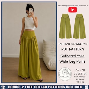 Patrón de costura para pantalones de pierna ancha / Palazzo con canesú fruncido, ideal para principiantes (descarga en PDF)