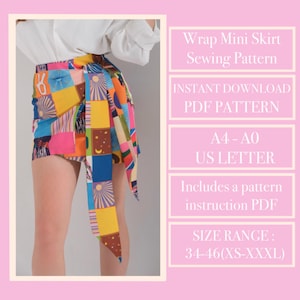 Peut inclure: Mini-jupe portefeuille colorée avec un motif patchwork composé de carrés de différentes couleurs et motifs. La jupe a une longue ceinture. L'image contient le texte "Wrap Mini Skirt Sewing Pattern".