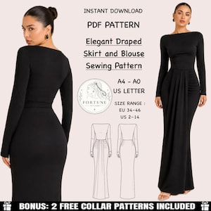 May include: A black long-sleeved dress with a draped skirt and boat neckline. The image includes text: INSTANT DOWNLOAD PDF PATTERN, Elegant Draped Skirt and Blouse Sewing Pattern, A4 - A0 US LETTER, SIZE RANGE: EU 34-46 US 2-14, BONUS: 2 FREE COLLAR PATTERNS INCLUDED.