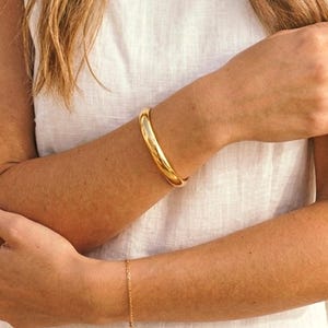 May include: A gold-colored bangle bracelet and a delicate chain bracelet are worn on an arm. The bangle is a thick, rounded band. The chain bracelet is thin and simple. The person is wearing a white top and a gold necklace.
