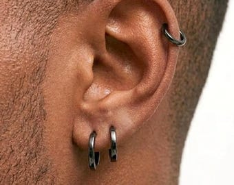 Men Earrings, Gunmetal Black Hoop Earring, Small Huggie Earring 925 Silver Post - Minimalist Men Jewelry, Anniversary Gift for Him Boyfriend