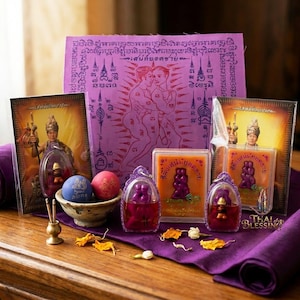May include: A collection of Thai amulets and spiritual items. The display includes framed images, small vials with liquid and figures, and a purple cloth with illustrations and text. A small bowl holds two decorative spheres.
