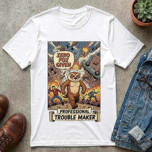 May include: White t-shirt featuring a cartoon illustration of a badger running through a city scene with explosions. The text "ZERO FOX GIVEN" is above the badger, and "PROFESSIONAL TROUBLE MAKER" is below. The shirt is displayed on a neutral surface.