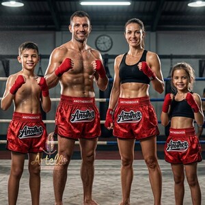 Pantalones cortos de Muay Thai, pantalones cortos de boxeo tailandés, pantalones cortos de kickboxing y MMA, ropa de entrenamiento de artes marciales para hombres, mujeres y niños, de secado rápido. imagen 3