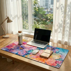 May include: A desk with a floral desk mat, laptop, mouse, and notebook. A clear glass water bottle and a desk lamp are also on the wooden desk. The mat has a watercolour design with pink, purple, and orange flowers. The desk is near a window.
