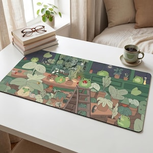 Kawaii Style Frosch Thema Schreibtischmatte | Großes Gaming Mauspad mit niedlicher Natur Illustration für Tastatur, Büro und Arbeitszimmer