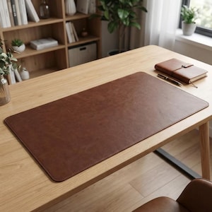 Puede incluir: Una alfombrilla de escritorio rectangular marrón hecha de material texturizado similar al cuero. La alfombrilla está colocada sobre un escritorio de madera de color claro. Un cuaderno y un bolígrafo de cuero marrón están sobre el escritorio.
