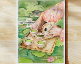 A5 Size Japanese Matcha Ceremony Watercolour Print on Museum-Grade 310gsm Watercolour Art Paper (Unframed)