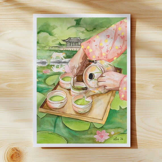 A5 Size Japanese Matcha Ceremony Watercolour Print on Museum-Grade 310gsm Watercolour Art Paper (Unframed)