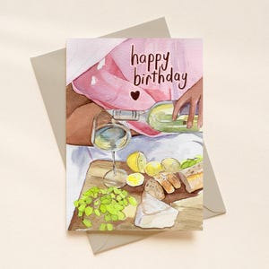 Summer Wine and Grapes Pastel Happy Birthday Card A6