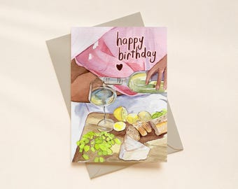 Summer Wine and Grapes Pastel Happy Birthday Card A6