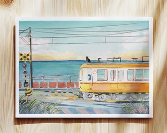 A5 Japanese Seaside Train Print, Kamakura Sunset Watercolour Art, Museum-Grade Art Paper (Unframed)