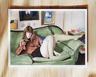 A4 Watercolour Print: Cosy Girl on Sofa, Museum-Grade Paper (Unframed)