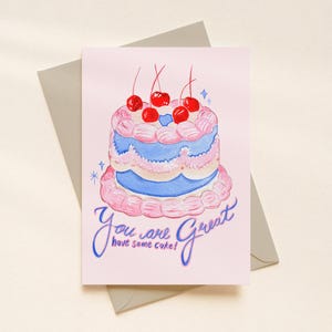 Vintage Inspired Blue and Pink Cake Happy Birthday Card A6