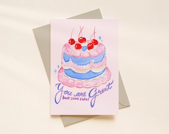 Vintage Inspired Blue and Pink Cake Happy Birthday Card A6