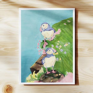 A5 Watercolour Print: Pastel Puffins on Cliff, Museum-Grade Art Paper (Unframed)