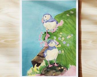 A5 Watercolour Print: Pastel Puffins on Cliff, Museum-Grade Art Paper (Unframed)