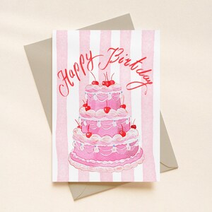 Vintage Inspired Pink Layered Cake Happy Birthday Card A6