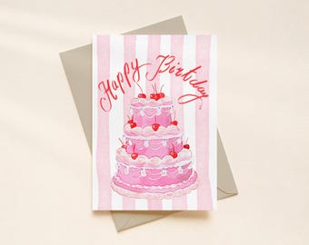 Vintage Inspired Pink Layered Cake Happy Birthday Card A6