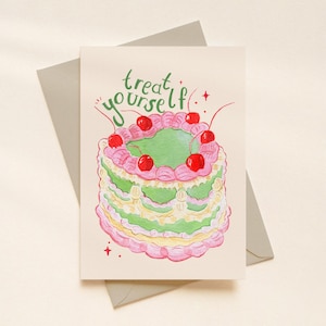 Tarjeta de feliz cumpleaños con pastel retro verde de inspiración vintage A6