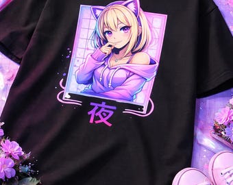 Anime Cat Girl Neon T-Shirt, Vaporwave Japanese Night Graphic Tee, Cyberpunk Streetwear