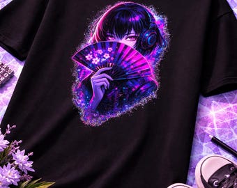 Cyberpunk Anime Girl T-Shirt, Neon Japanese Streetwear Graphic Tee