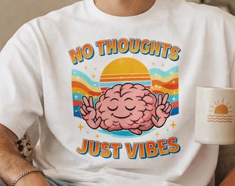 No Thoughts Just Vibes Retro Brain Graphic Tee, Oversized Organic Cotton Shirt