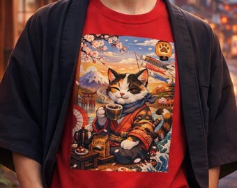Samurai Cat T-Shirt, Japanese Warrior Cat Tee, Anime Streetwear Unisex Shirt