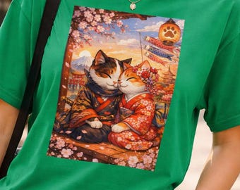 Samurai Cat T-Shirt, Japanese Maneki Neko Art Tee, Anime Streetwear Unisex Shirt