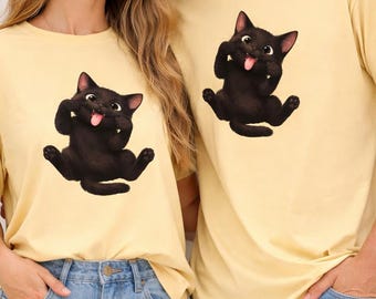 Funny Black Cat Peeking T-Shirt, Playful Kitten Graphic Tee, Cat Lover Gift
