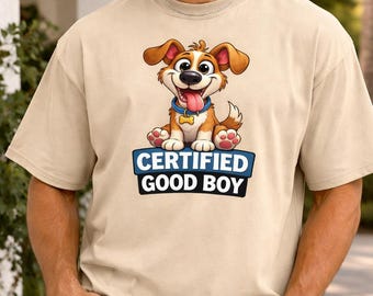 Certified Good Boy Dog T-Shirt, Cartoon Puppy Graphic Tee, Organic Cotton Unisex Fit