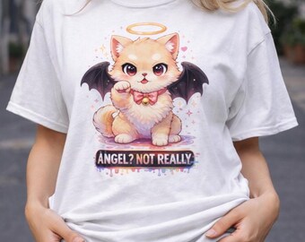 Devil Cat T-Shirt, Angel Kitty Graphic Tee, Anime Streetwear Shirt