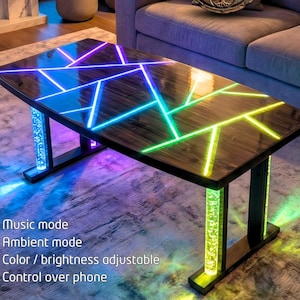 Neon Glow Coffee Table • Epoxy Finish Music Reactive Smart Lighting