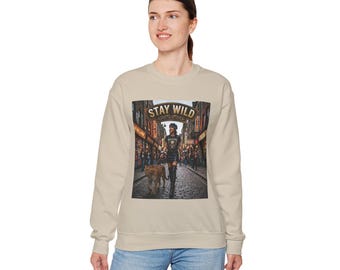 Stay Wild street rocker with leopard, Sweatshirt | urban city night scene