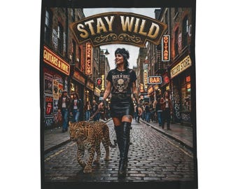 Stay Wild Rocker Girl with Leopard Velveteen Plush Blanket | Urban Street Art Throw