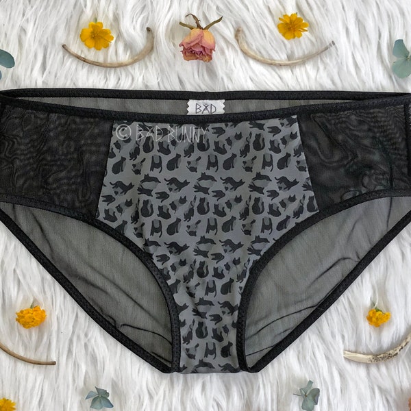 Leopard Kitty sheer panel undies - dark grey