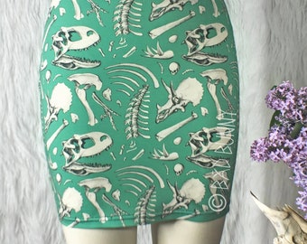 Bodycon Dinosaur Bones mini skirt - sage