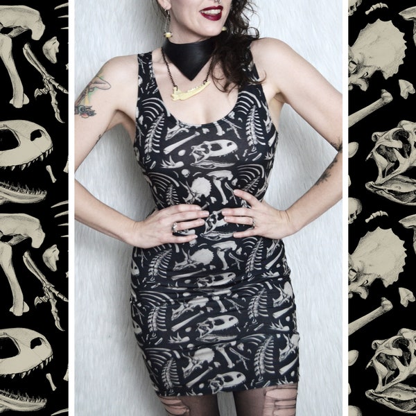 Dinosaur Bones Bodycon Dress - Black - creepy cute