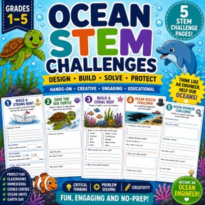 May include: A set of five Ocean STEM Challenge activity pages featuring a blue background with a green sea turtle and a blue dolphin. The text includes Ocean STEM Challenges, Design Build Solve Protect, and five numbered educational tasks.