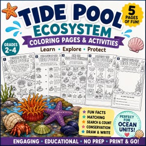 Op de afbeelding: Een kleur- en activiteitenboek over het ecosysteem van getijdenpoelen met vijf pagina's vol illustraties in oceaanthema, waaronder een heremietkreeft, een oranje zeeanemoon, een paarse zeester en diverse soorten mosselen.