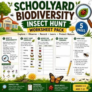 May include: A 5-page Schoolyard Biodiversity Insect Hunt worksheet pack featuring educational activities, checklists, and a mini quiz. The document includes illustrations of insects, a school building, and nature elements with text headers and prompts.