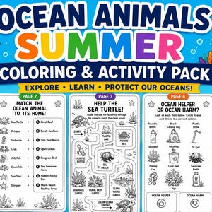 Op de afbeelding: Een kleur- en activiteitenpakket over zeedieren met vijf educatieve pagina's met illustraties van een zeeschildpad, clownvis, zeester, zeepaardje en dolfijn. Het bevat zoekspellen, een doolhof en een opdracht voor het ontwerpen van een poster.