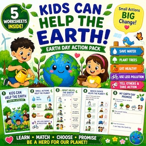 May include: A colorful Earth Day action pack for kids. The image features children, a globe, and worksheets with environmental themes. Text includes "Kids Can Help The Earth!" and "Small Actions Big Change!"