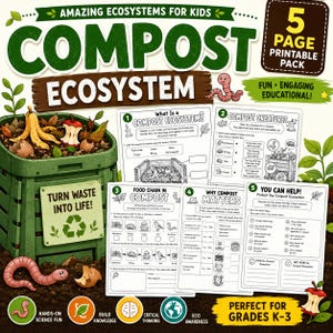 以下が含まれることがあります： Amazing Ecosystems for Kids: Compost Ecosystemというタイトルの5ページの印刷可能な教育用パック。このセットには、コンポストの生物、食物連鎖、環境への影響に関するワークシートが含まれており、緑色のコンポスト容器のイラストが描かれています。