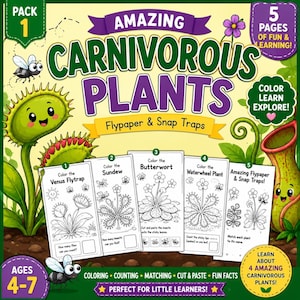 May include: A coloring book titled Amazing Carnivorous Plants featuring five pages of activities for ages 4-7. The cover displays cartoon illustrations of a Venus flytrap and a pitcher plant, along with five black and white activity sheets.